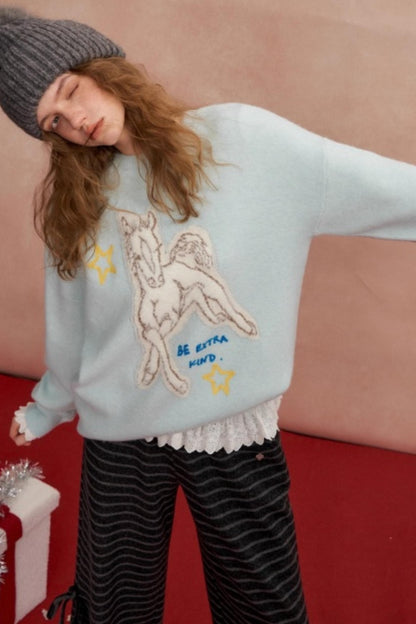 Jacquard Pony Crew Neck Sweater
