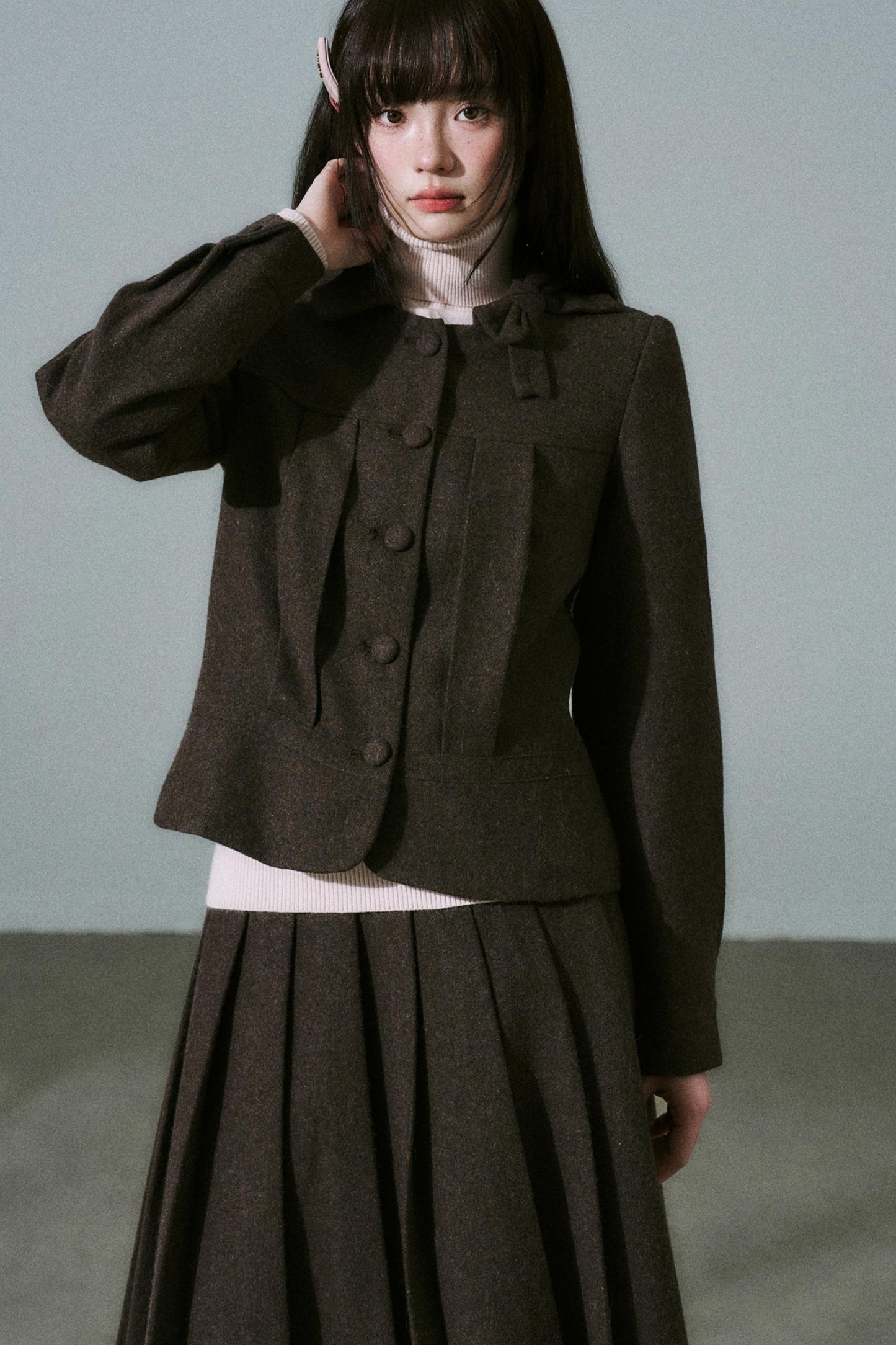 Wool Bow Tie Blazer Suit & Skirt Set-Up