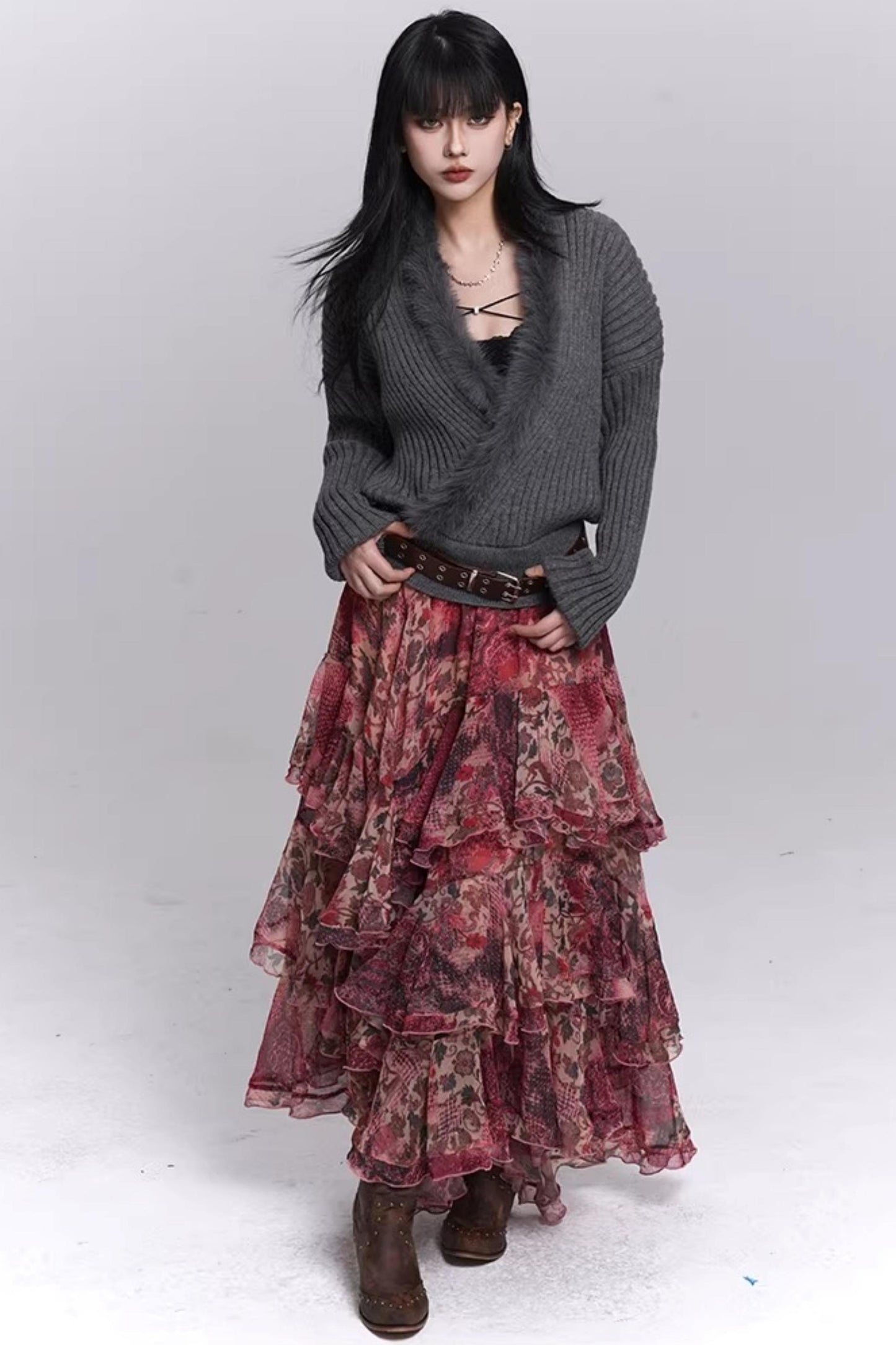 Soft Gray V-Neck Knit Sweater