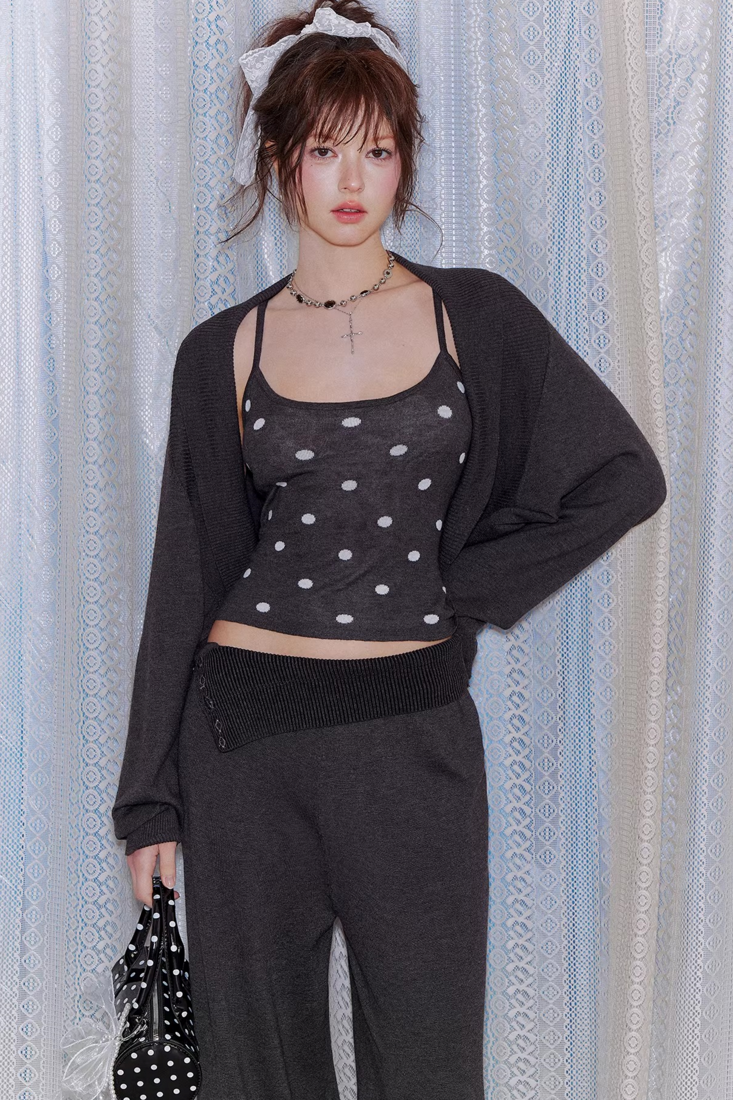 Lyocell Polka Dot Cardigan Camisole Set-Up