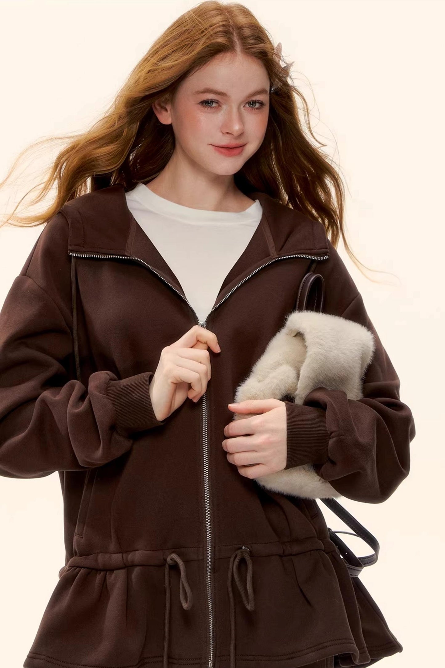 Hooded Drawstring Fleece Jacket Set-Up