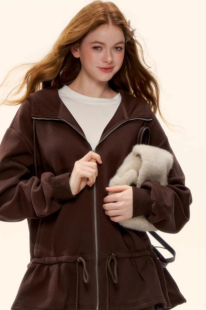 Hooded Drawstring Fleece Jacket Set-Up