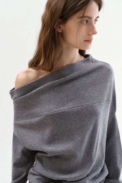 Pleated Off-Shoulder Knit Sweater