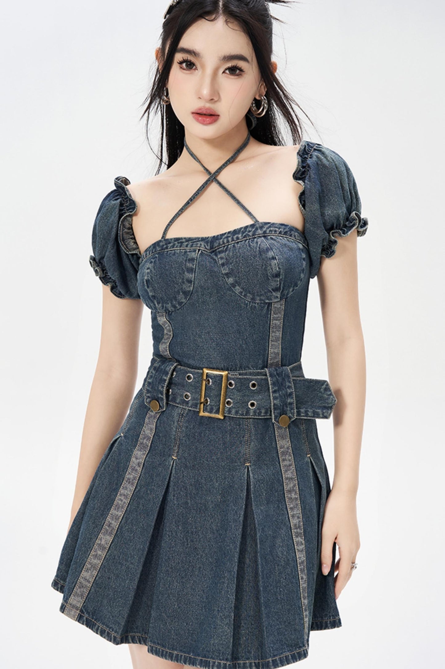 Vintage One-Shoulder Bubble Sleeves Denim Dress