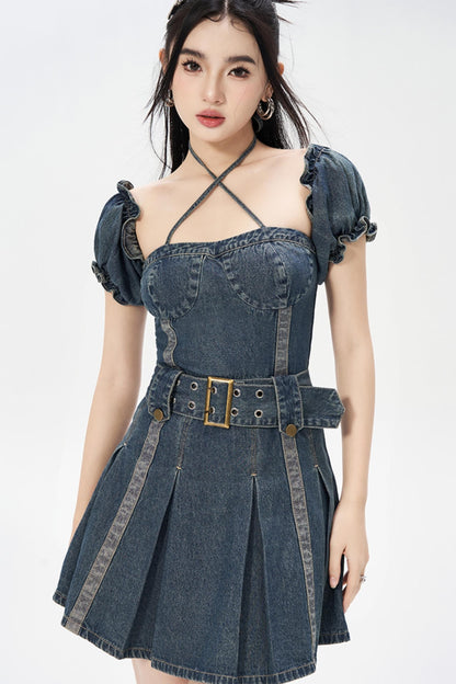 Vintage One-Shoulder Bubble Sleeves Denim Dress