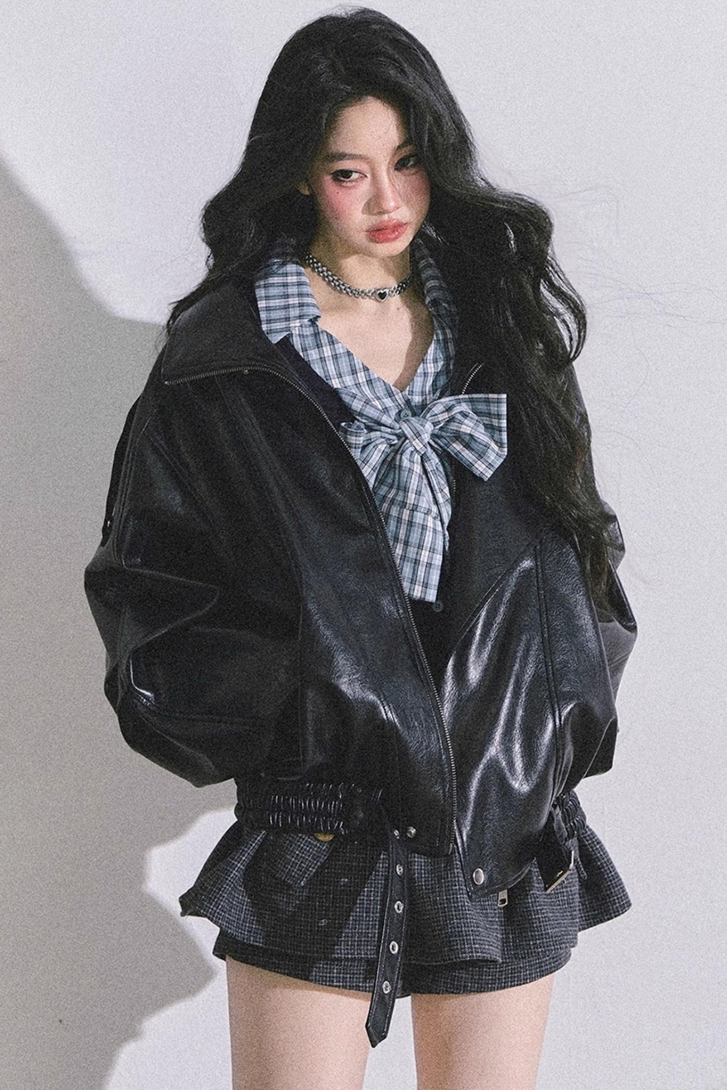 American Long-Sleeved Bow Plaid T-Shirt