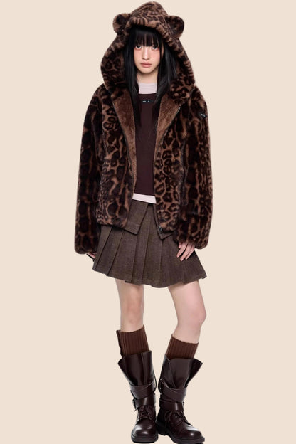 Leopard Print Hooded Furry Cotton Jacket