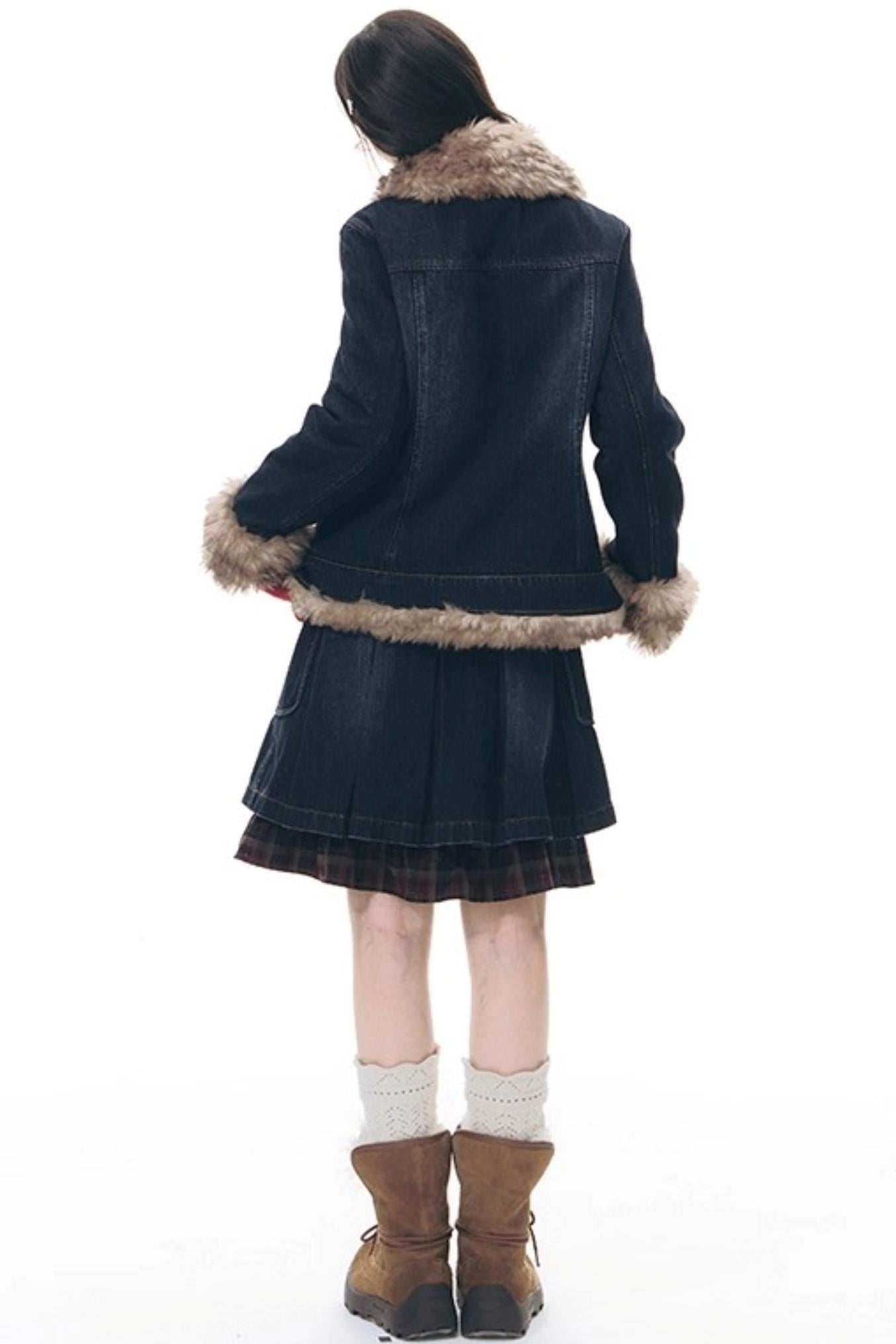 Detachable Fur Collar Denim Jacket Set-Up