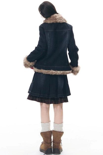 Detachable Fur Collar Denim Jacket Set-Up