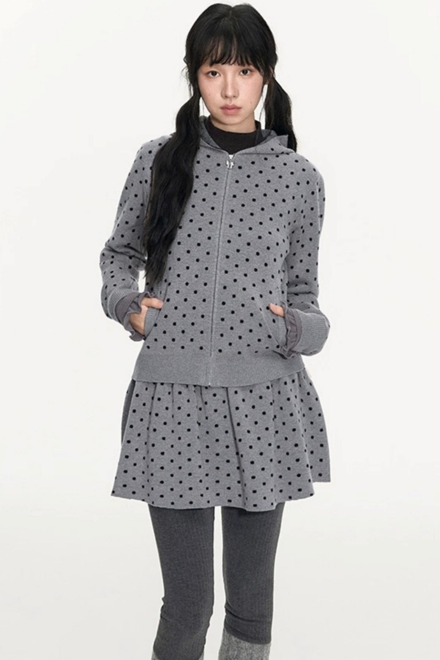 Polka Dot Hooded Knit Sweater Skirt Set-Up