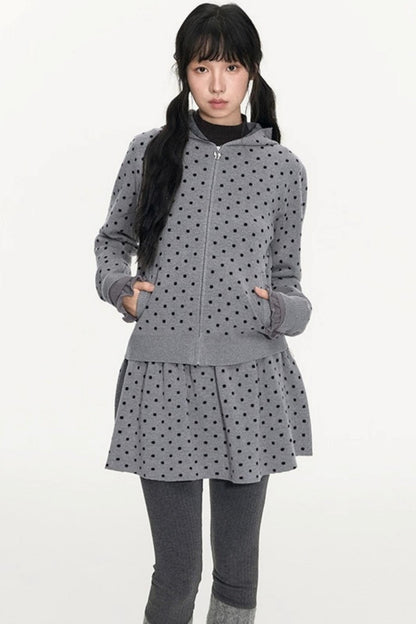 Polka Dot Hooded Knit Sweater Skirt Set-Up