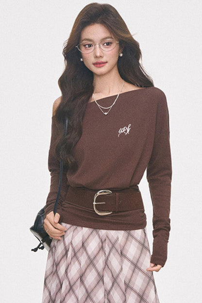 Knitted Off-Shoulder Top and Plaid Skirt Set-Up