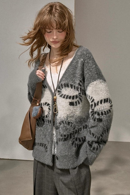 Bow Gradient V-Neck Knitted Cardigan