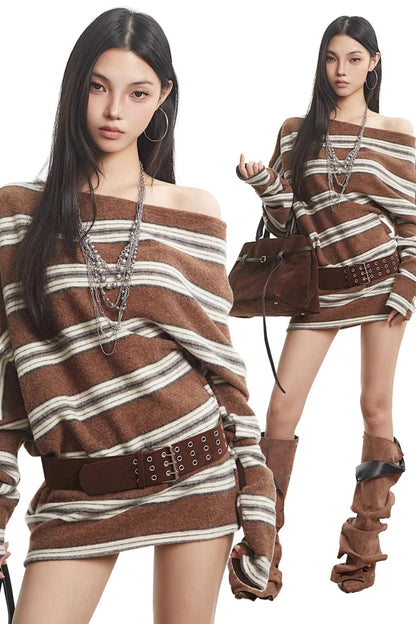 Retro Brown Striped Knit Top