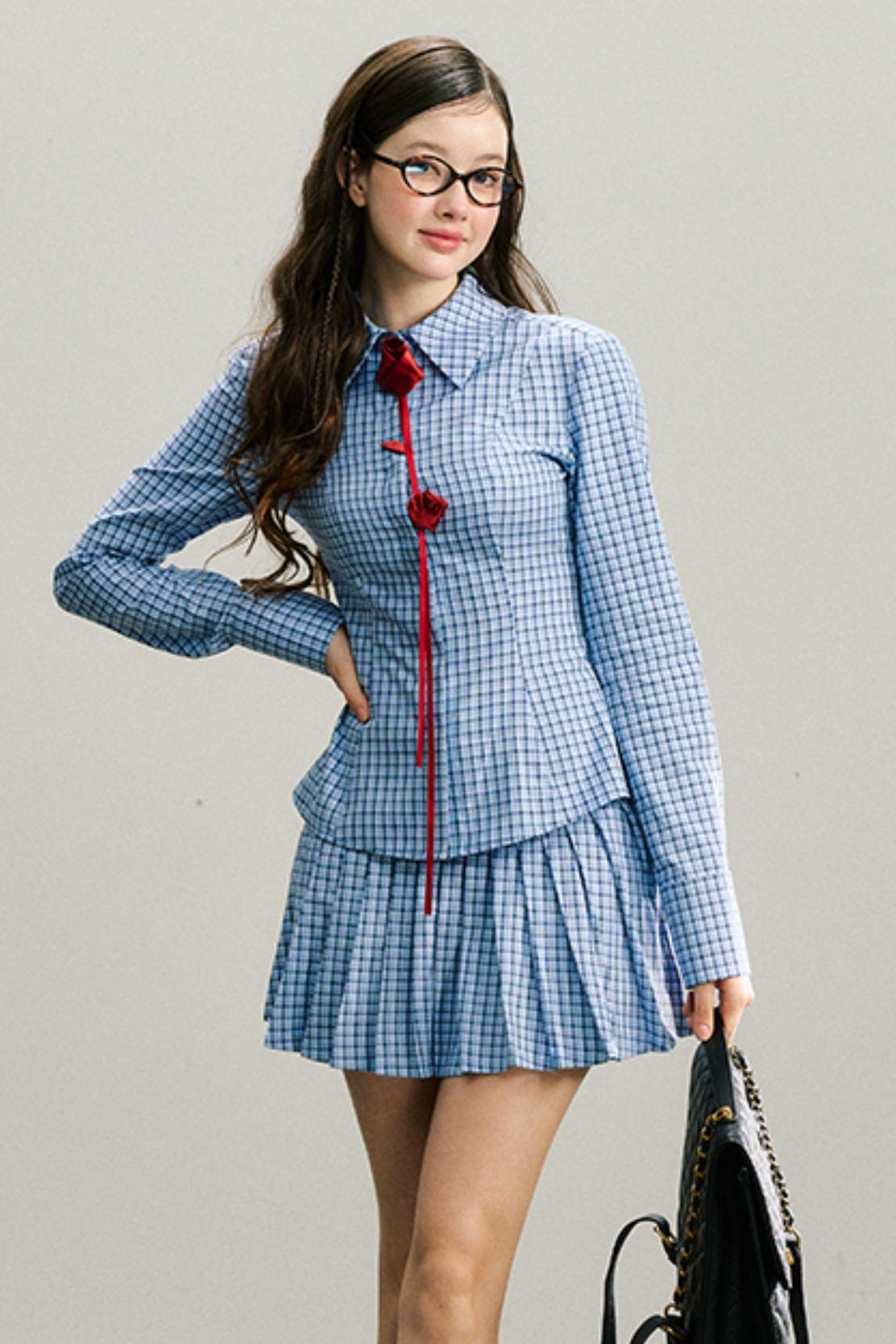 Red Rose Plaid Pleated Skirt Set-Up