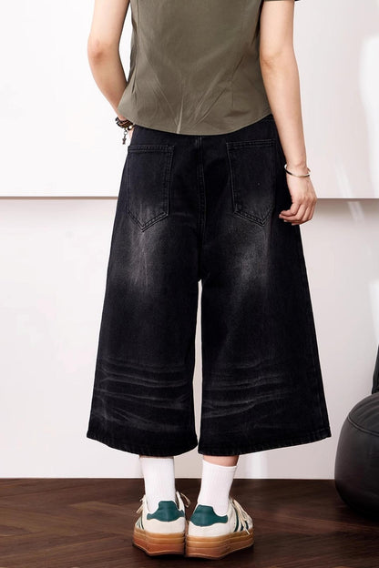 High-Waisted Whisker Denim Shorts