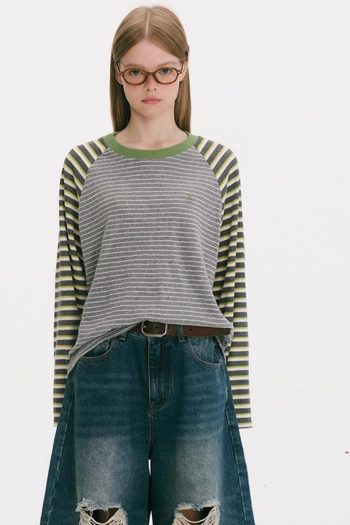Striped Raglan Sleeve Slim Top