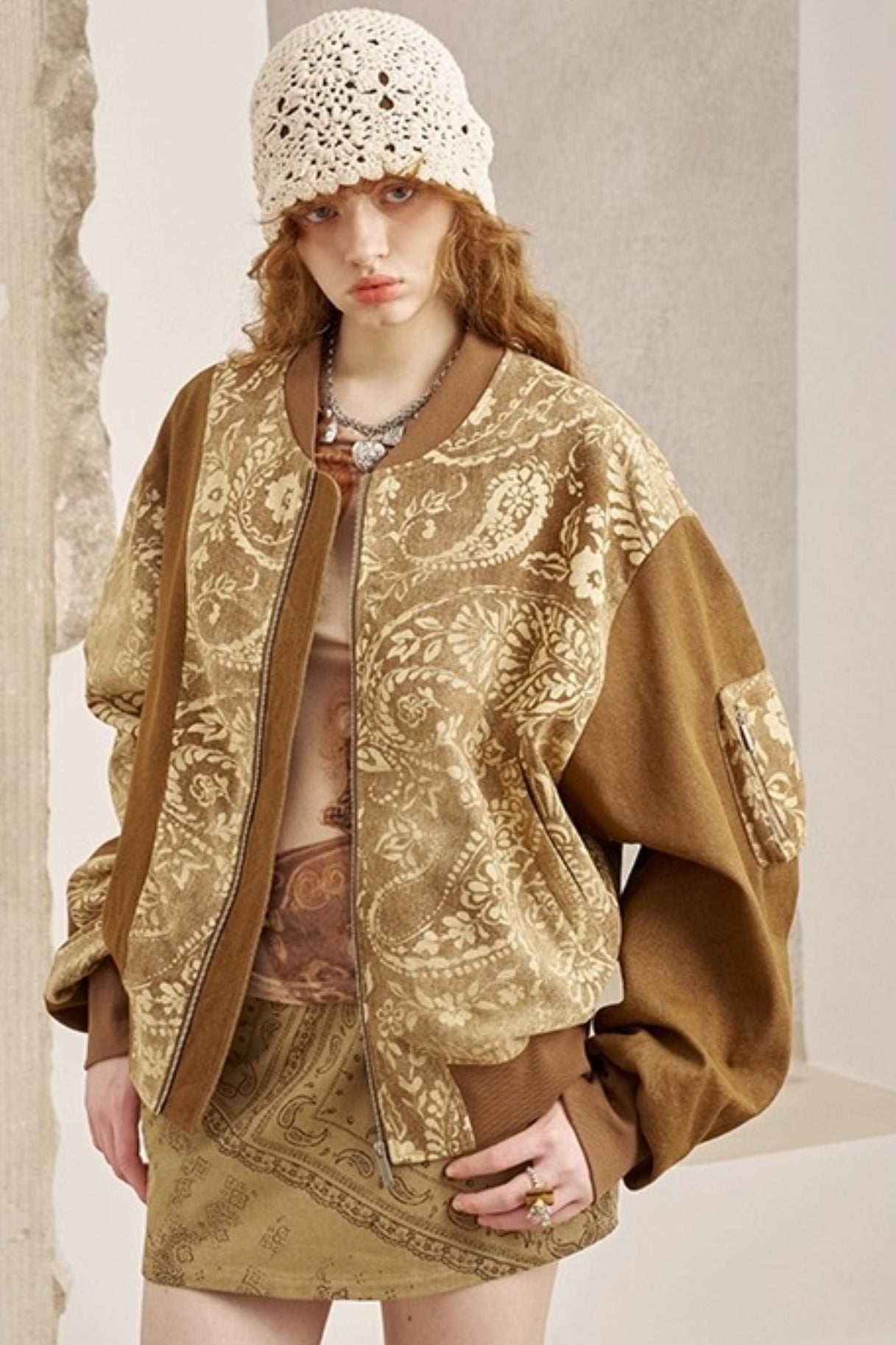 Cashew Print Long Sleeve Flight Jacket