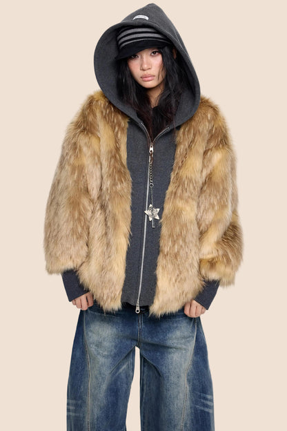 Fur Patchwork Hooded Cardigan