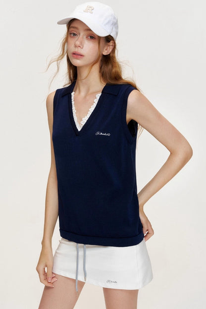 Beige Grain Embroidered Lace Knit Vest