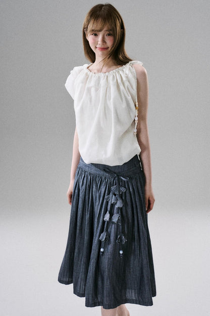 Beaded One-Shoulder Linen Top