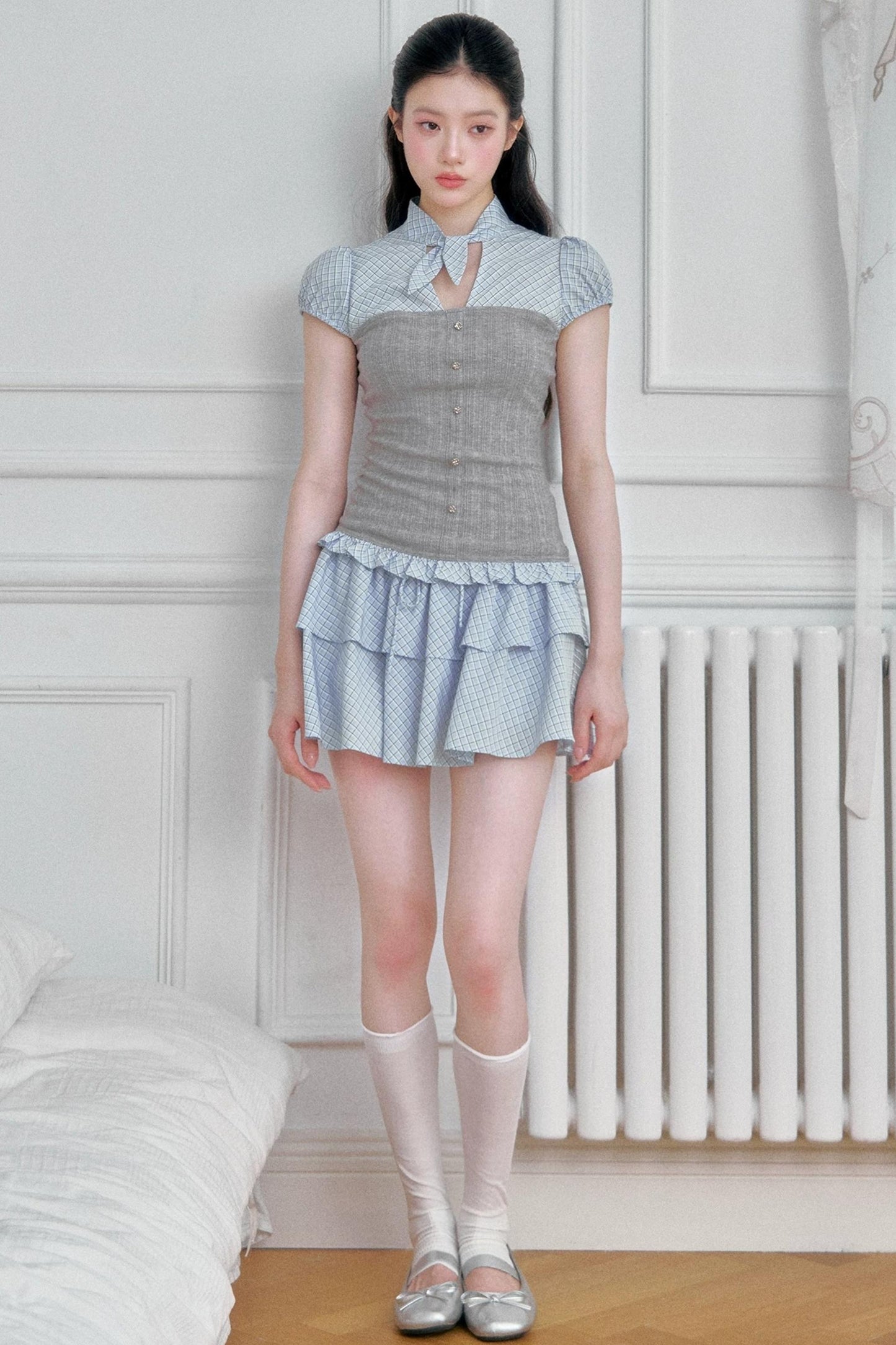 Plaid Patchwork Blouse and Skirt Set-Up