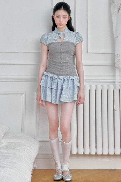 Plaid Patchwork Blouse and Skirt Set-Up