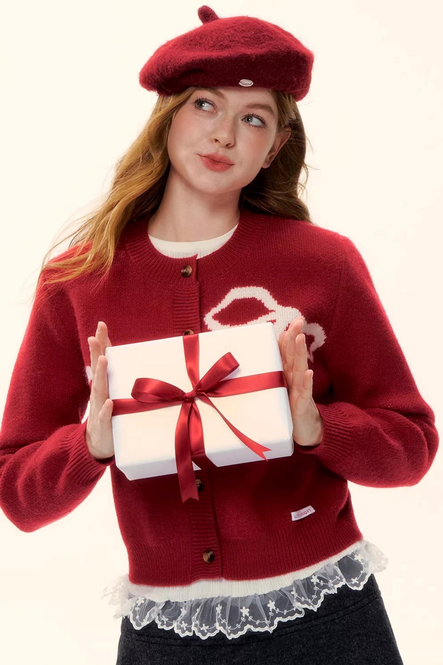 Bow Jacquard Cardigan Sweater