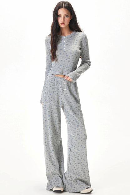 Floral Placket Blouse and Pants Set-Up