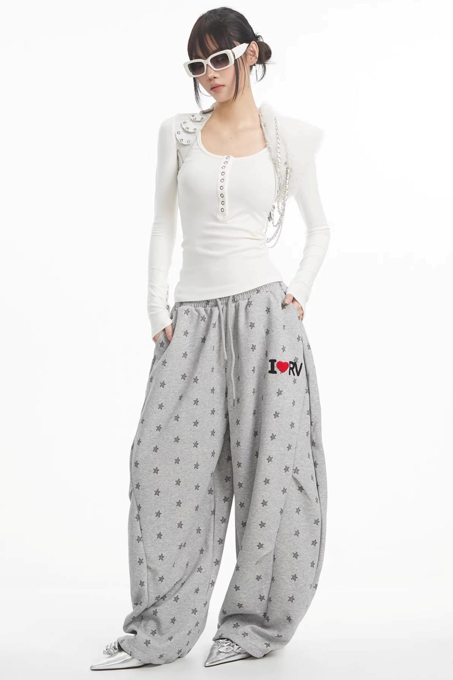 회색 별 프린트 와이드 레그 팬츠