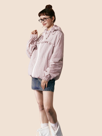 Pink Loose Hooded Sunscreen Jacket