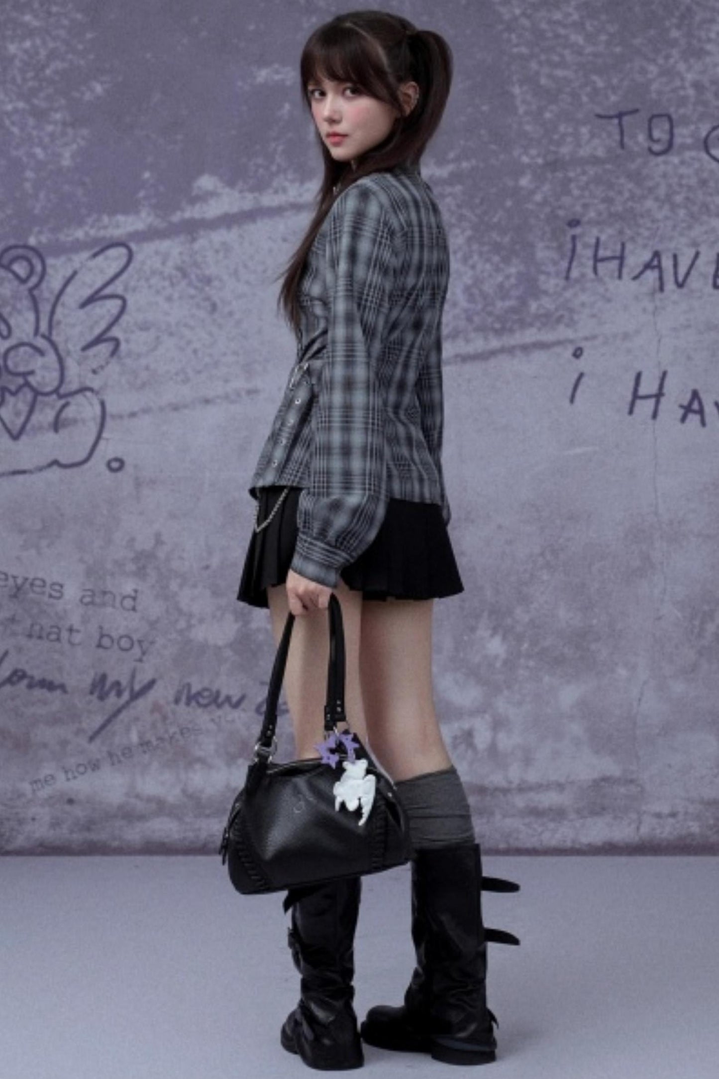 Gray-Blue Irregular Placket Plaid Shirt