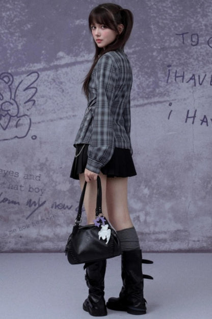 Gray-Blue Irregular Placket Plaid Shirt