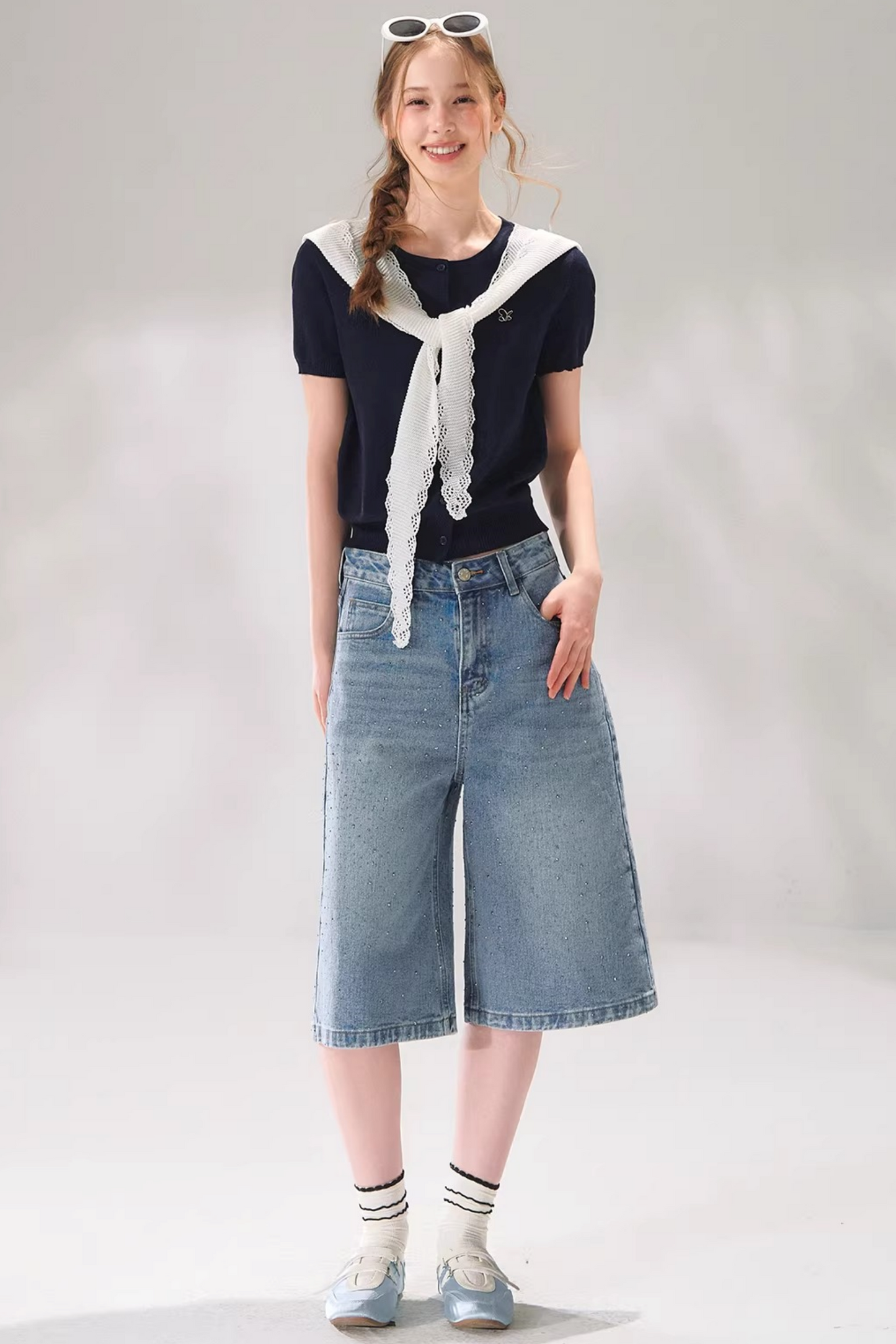 Rhinestone Denim Cropped Pants