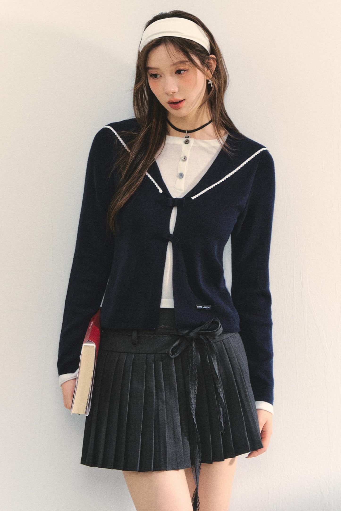 Sweet Navy Neck Knit Cardigan