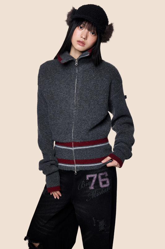 Stand Neck Stripe Sweater Jacket