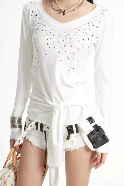 White Hot Girl V-Neck Long Sleeve T-Shirt