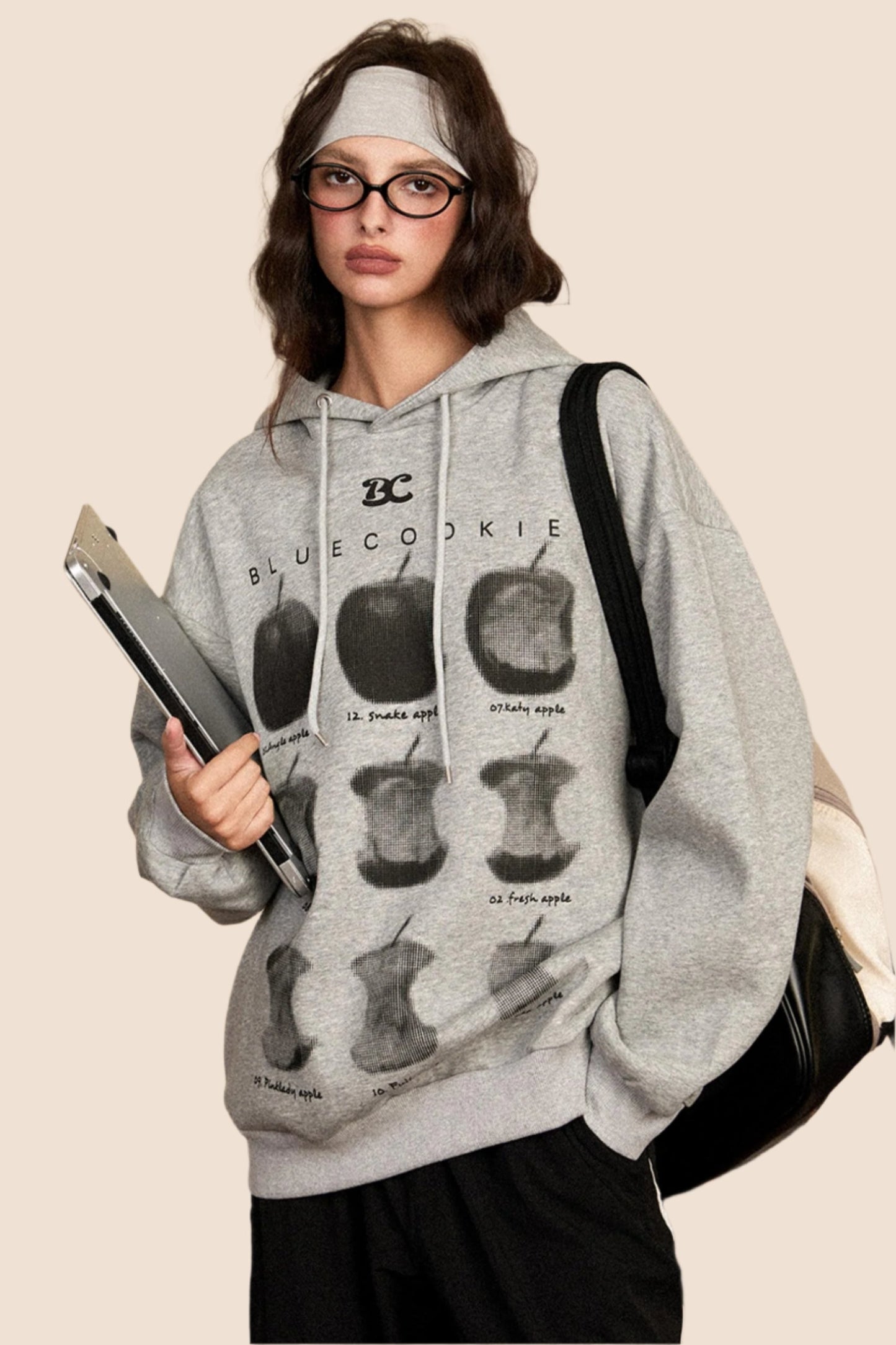 Retro Gray Hooded Pullover Sweatshirt