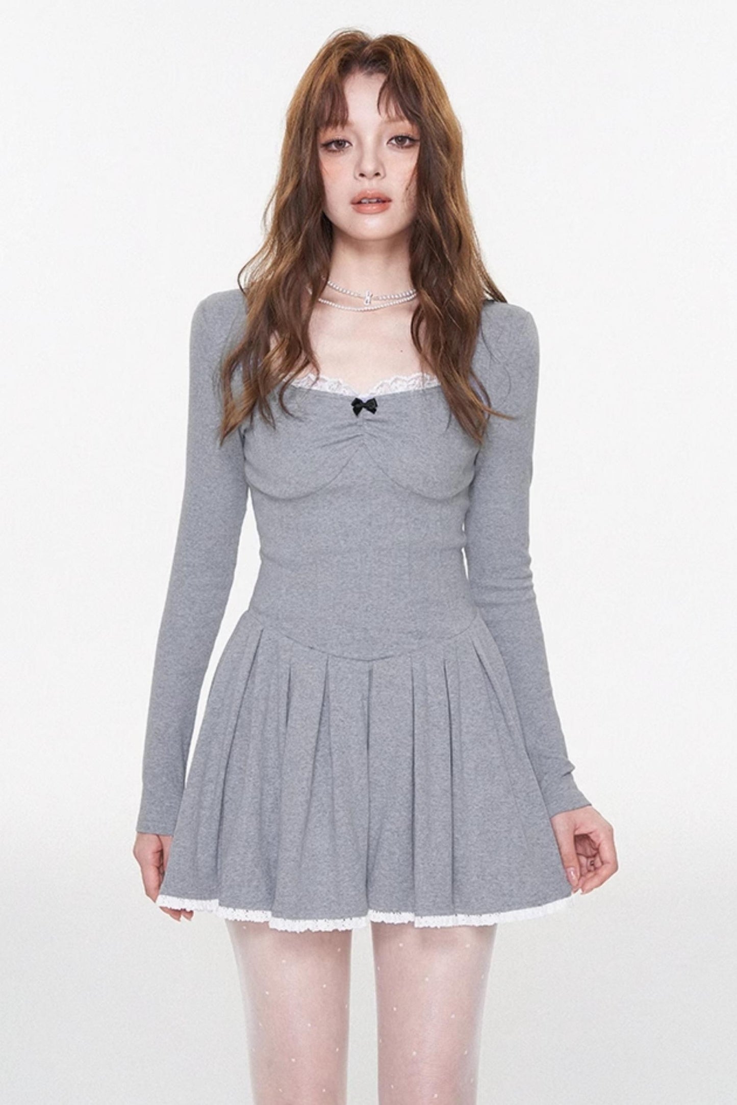 Gray Lace Bow-Detail U-Neck Dress