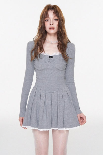 Gray Lace Bow-Detail U-Neck Dress