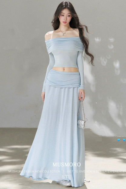 Pleated One-Shoulder Knit and Skirt Set-Up