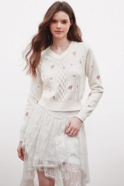 Embroidered V-Neck Knit Sweater