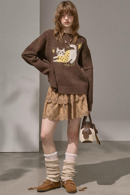 Cute Kitten Crew Neck Knit Sweater