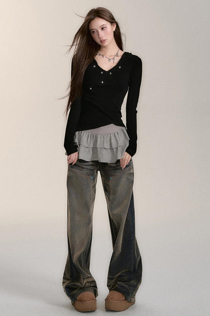 Washed Velvet Distressed Straight-Leg Jeans