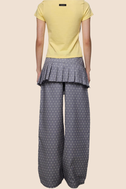 Gray And Yellow Polka Dots Pleated Skirt-Pants Set