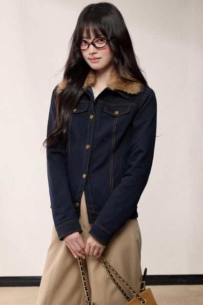 Fur Collar Patchwork Denim Jacket