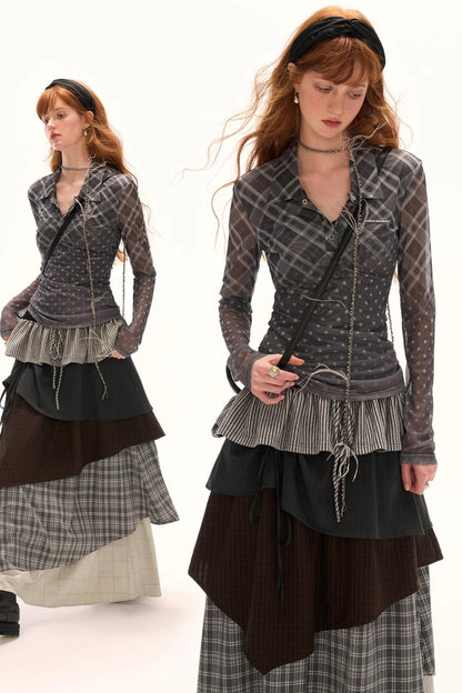 Luxury Slim Plaid Mesh Tee