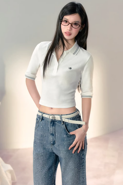 Three-Dimensional Waffle Knit Polo Top