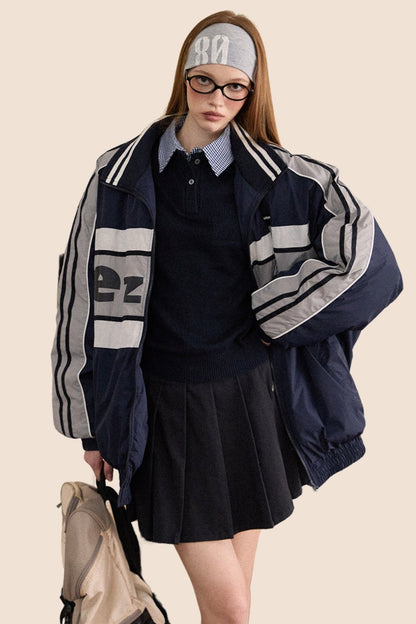 Retro Striped Sleeve White Duck Down Jacket