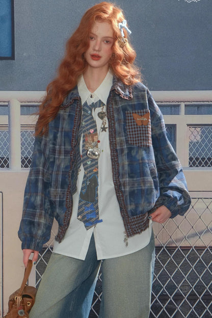 High-End Retro Blue Plaid Jacket